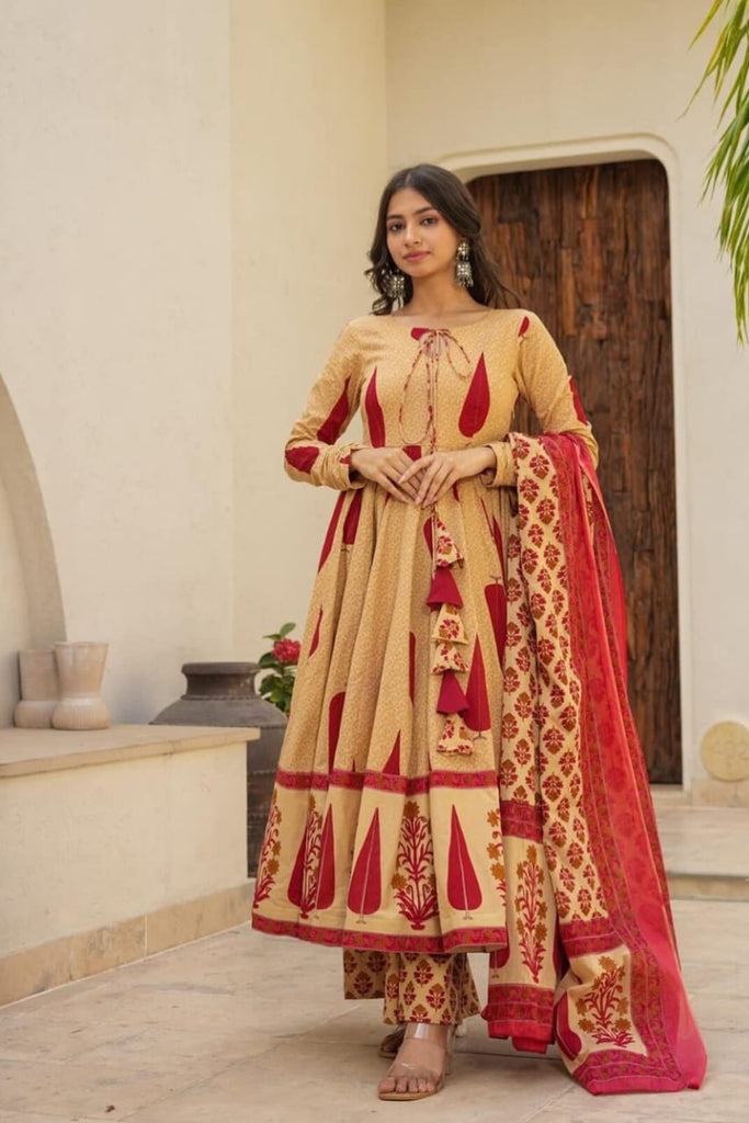 Beige Red Boota Printed Anarkali Cotton Suit Set