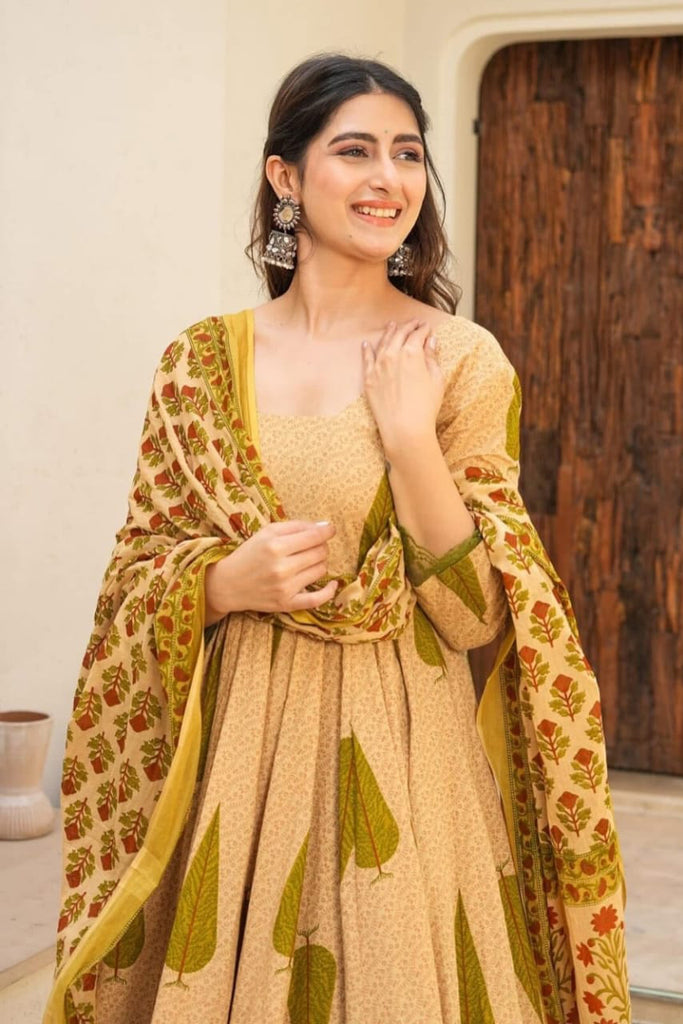 Beige Green Boota Printed Anarkali Cotton Suit Set
