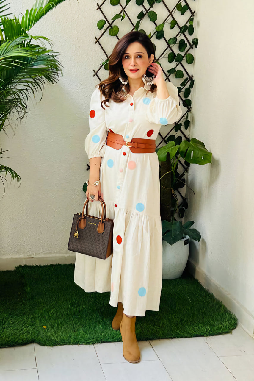 Beige Polka Dot Cotton Dress