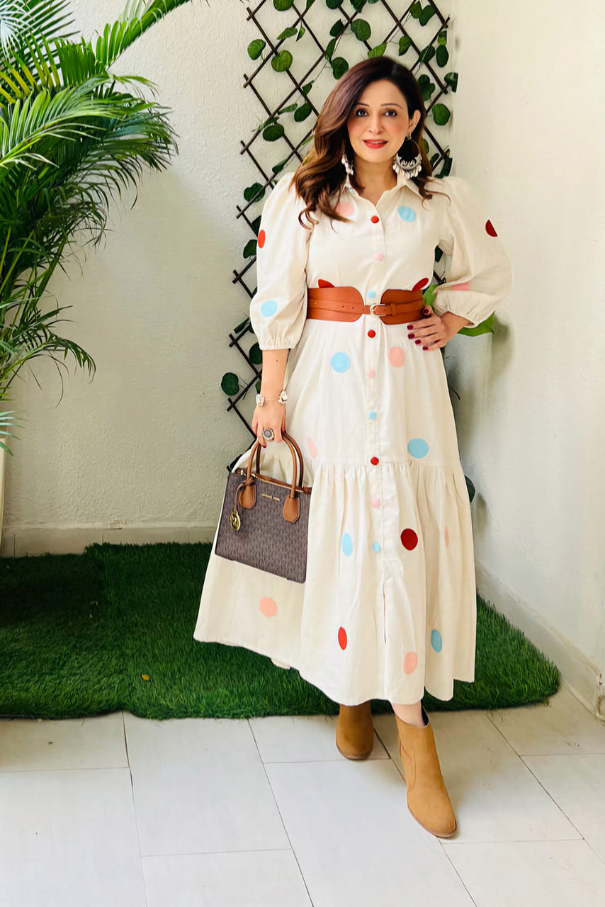 Beige Polka Dot Cotton Dress