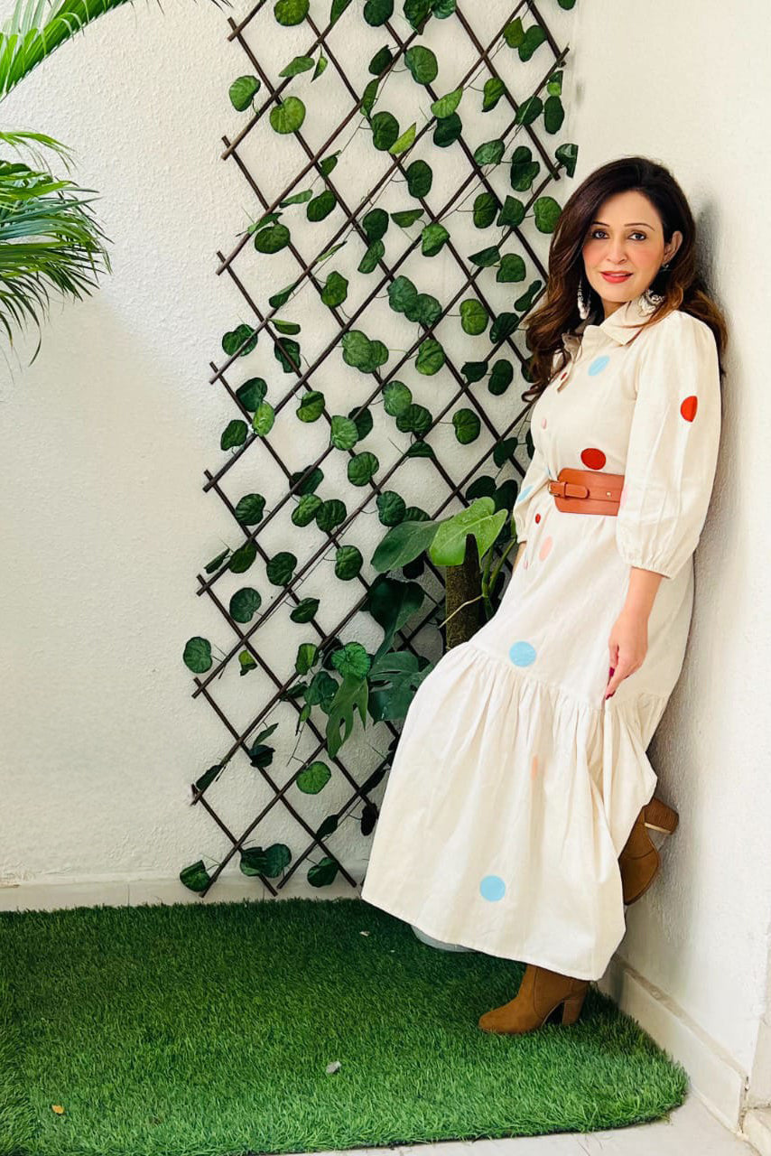 Beige Polka Dot Cotton Dress