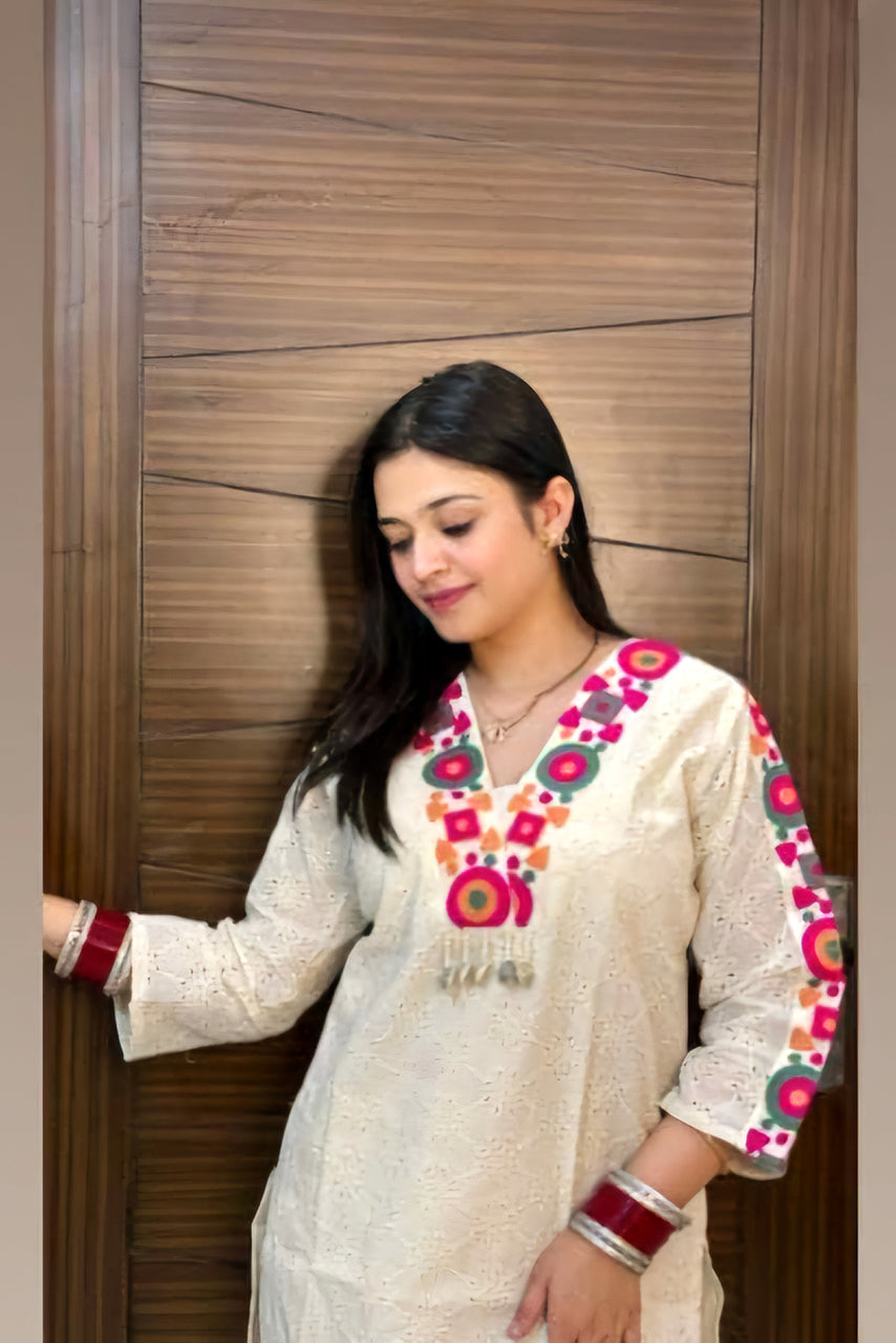 White Schiffli Embroidered Cotton Co-ord Set