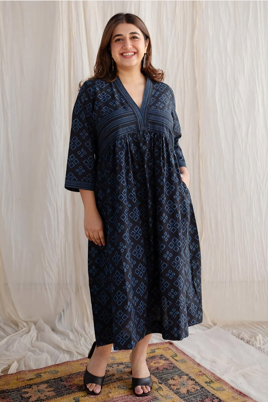Black Hand Block Printed Cotton Dress