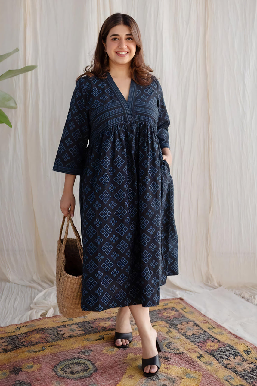 Black Hand Block Printed Cotton Dress
