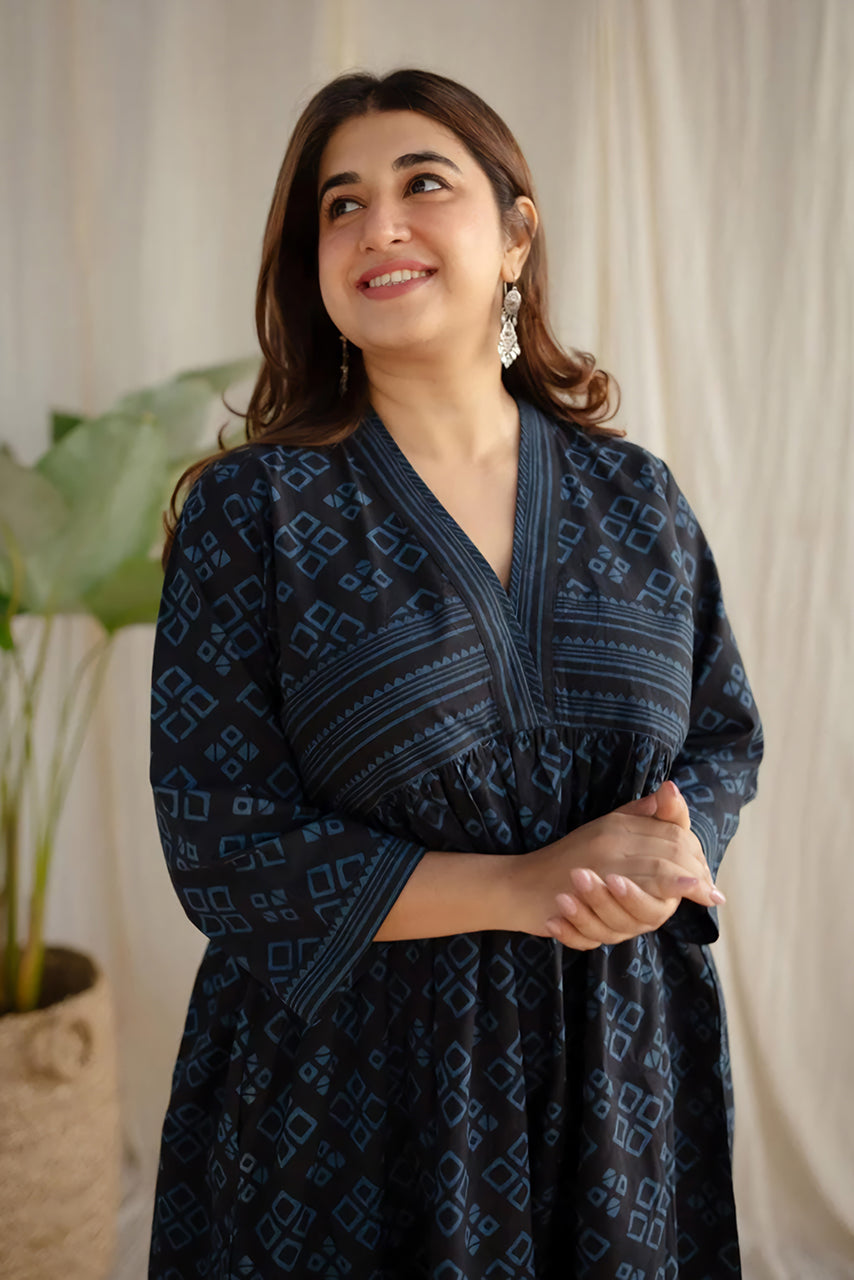 Black Hand Block Printed Cotton Dress