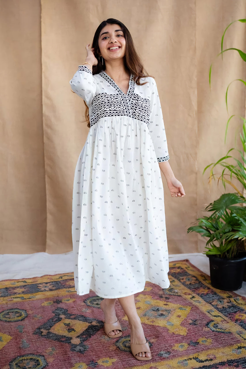 Off White Printed Cotton Dress