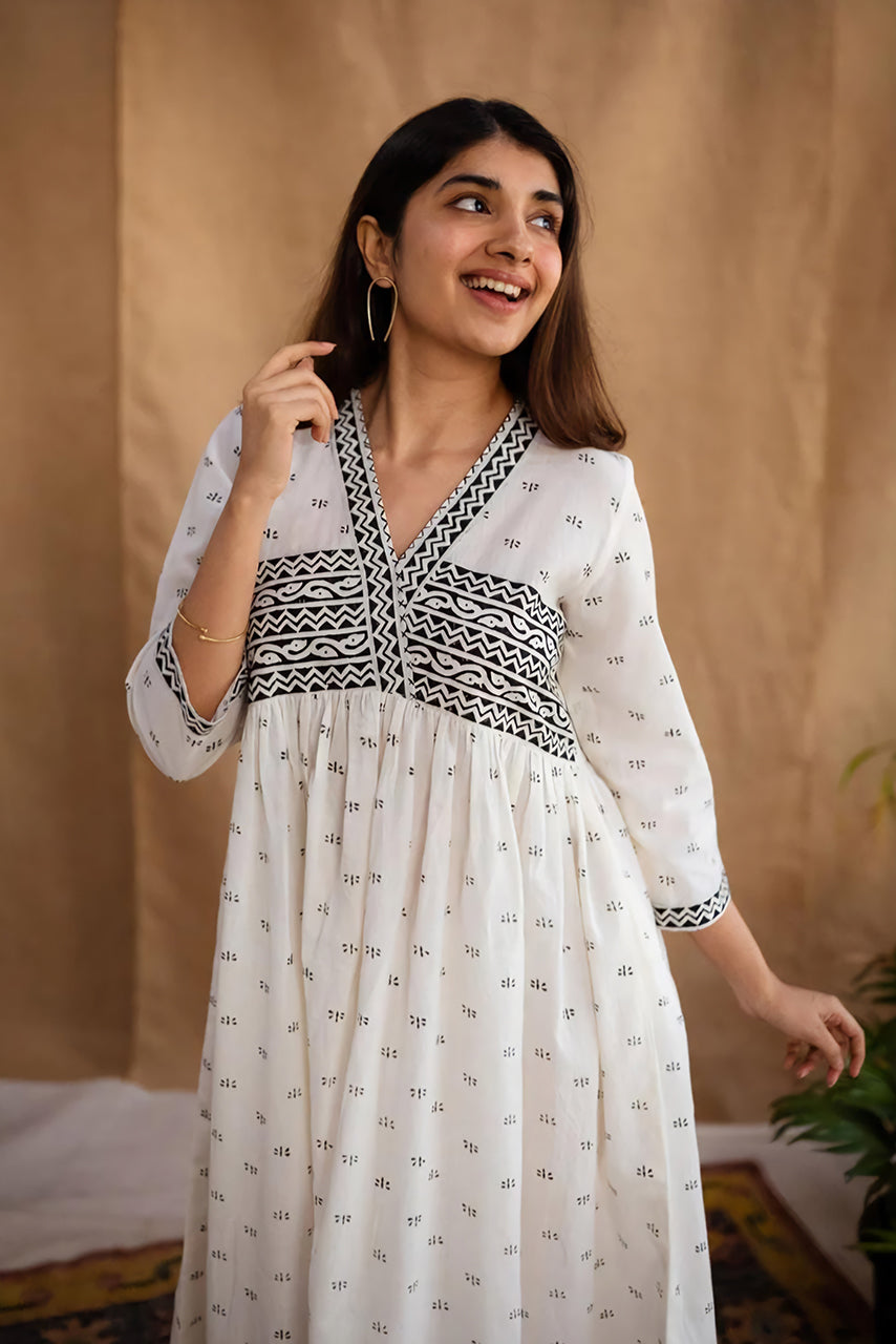 Off White Printed Cotton Dress