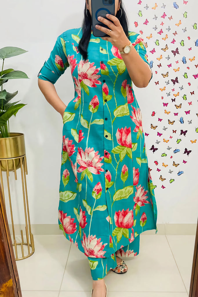 Green Floral Printed Cotton Co-ord Set