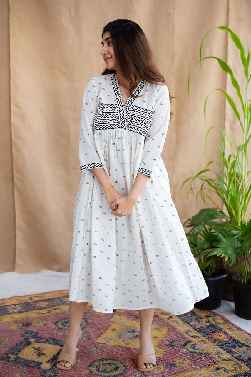 Off White Printed Cotton Dress