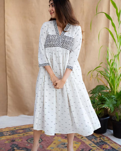 Off White Printed Cotton Dress