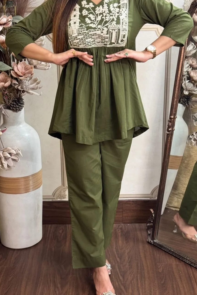 Green Embroidered Cotton Co-ord Set