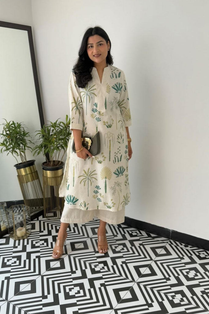 White Floral Printed Cotton Kurta Set