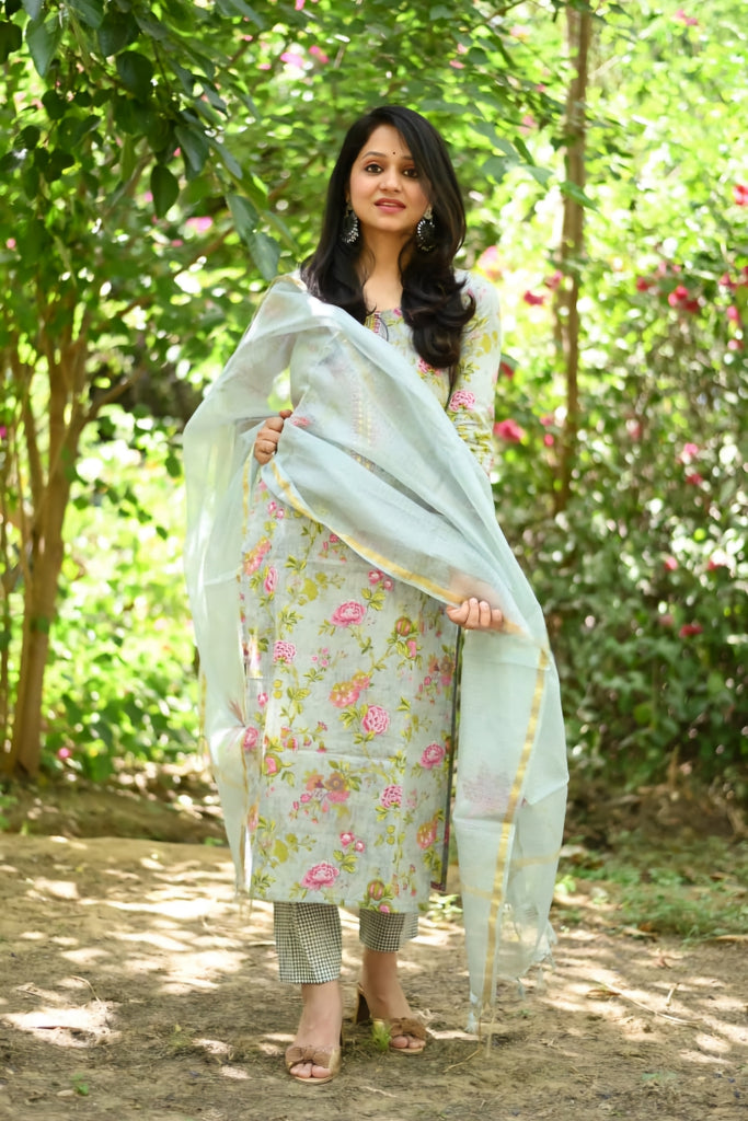 Green Floral Print Cotton Suit Set