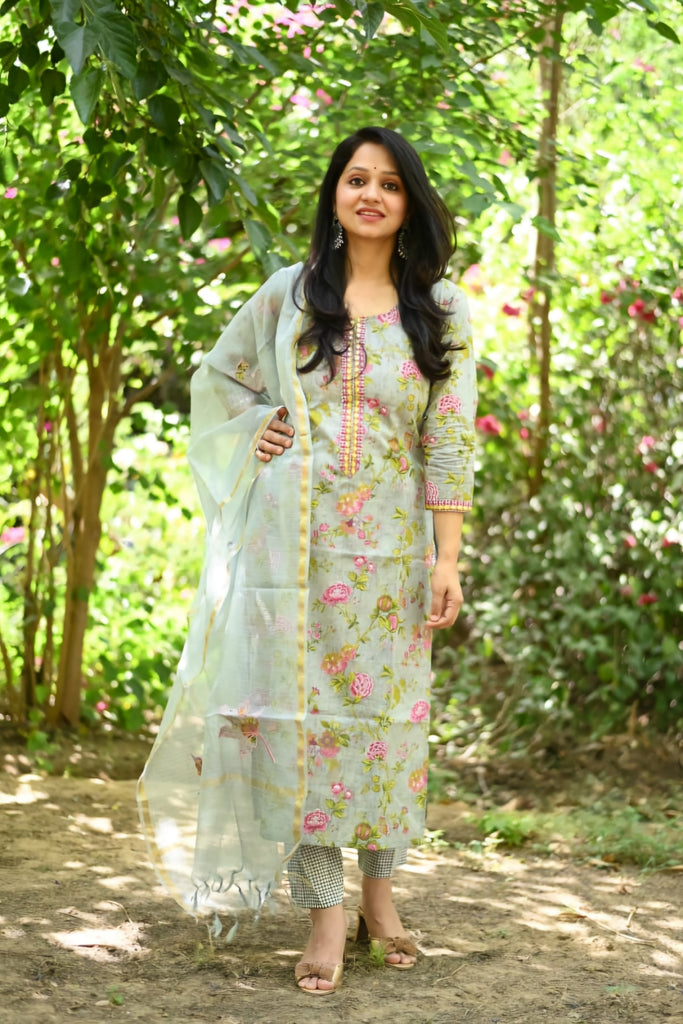 Green Floral Print Cotton Suit Set