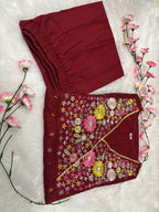 Taraash Maroon Floral Embossed Gotta Embroidered Cotton Kurta Set