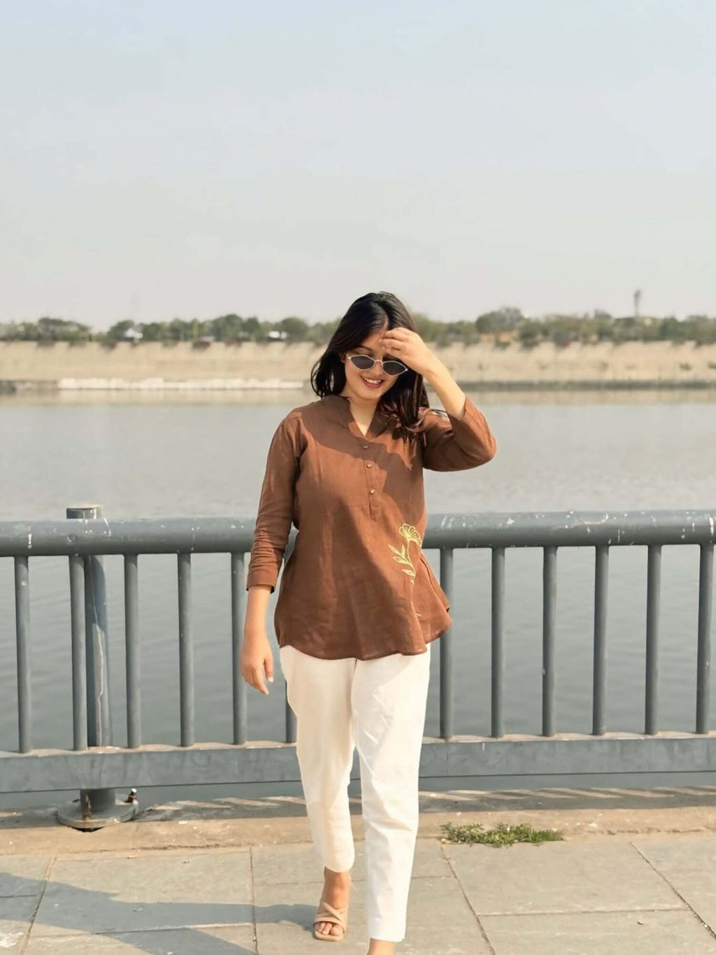 Taraash Brown & Ivory Embroidered Cotton Slub Co-ord Set