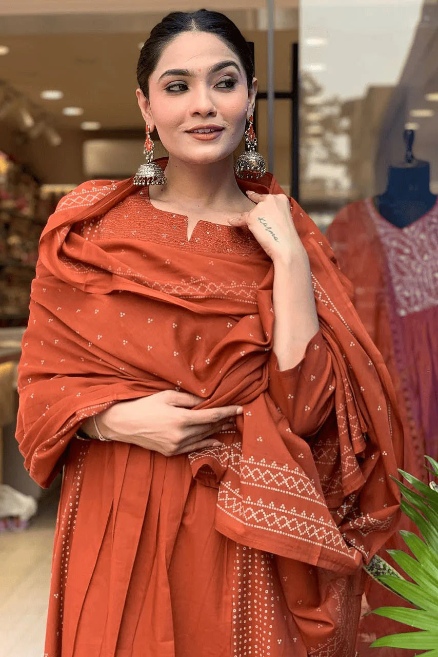 Orange Embroidered Cotton Suit Set Main image