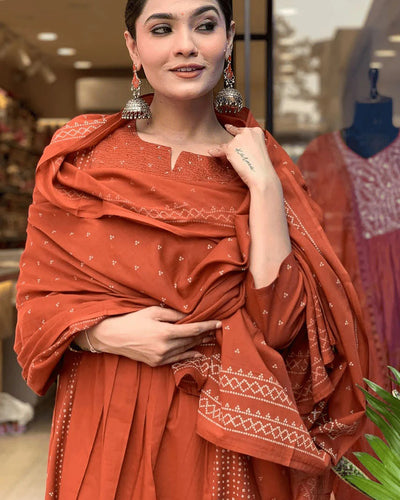 Orange Embroidered Cotton Suit Set