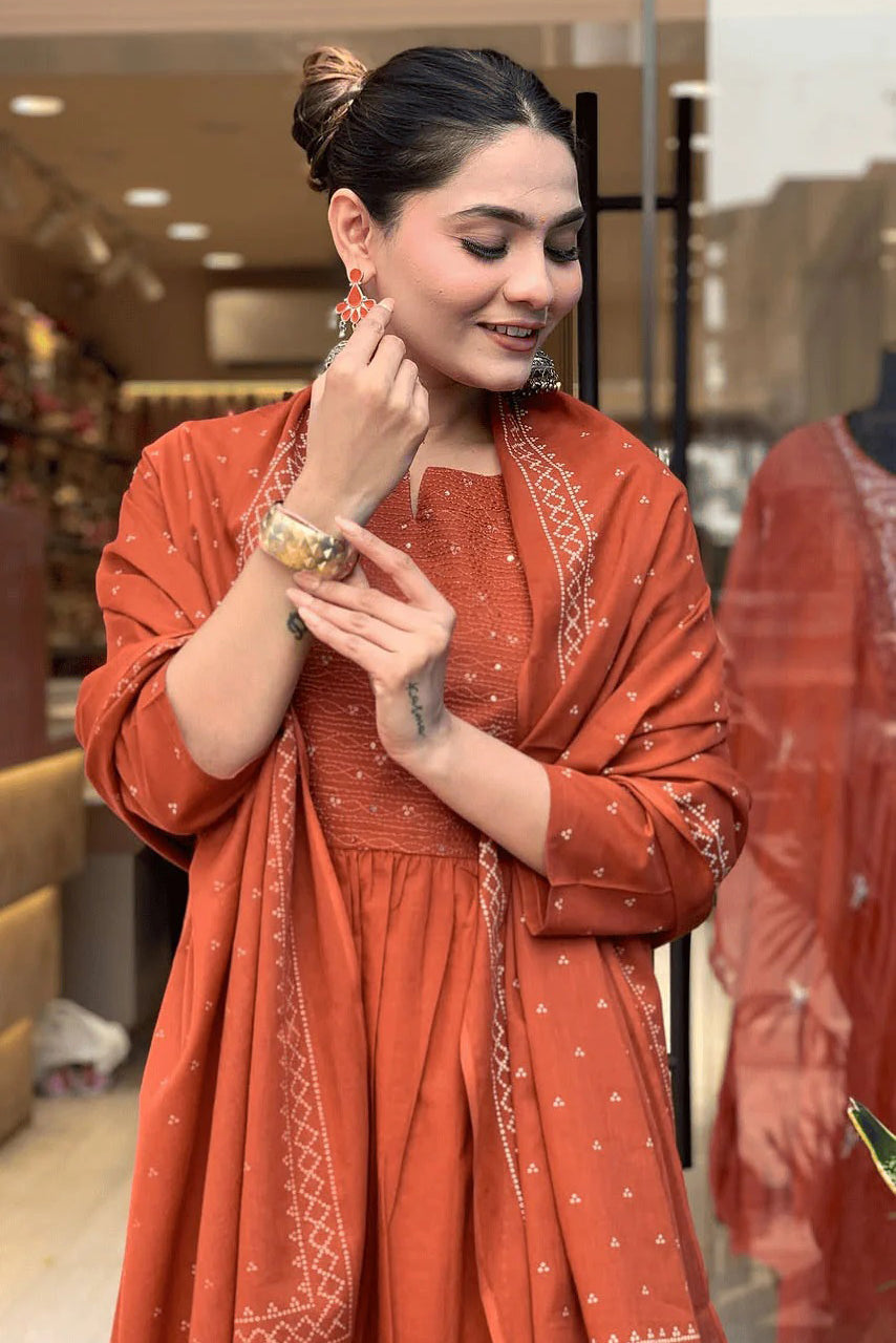 Orange Embroidered Cotton Suit Set