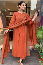 Orange Embroidered Cotton Suit Set