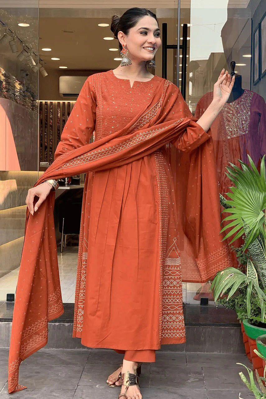 Orange Embroidered Cotton Suit Set