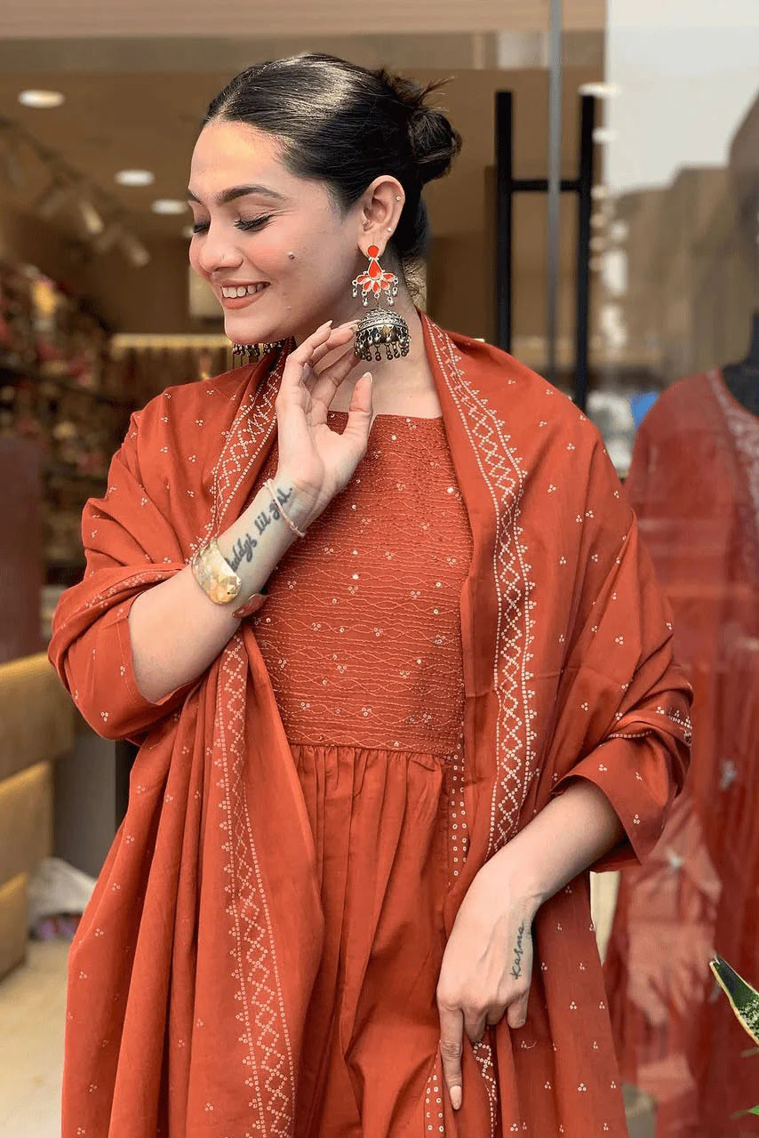 Orange Embroidered Cotton Suit Set Secondary image