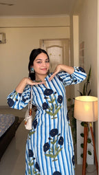 Blue Striped Floral Printed Cotton Co-ord Set