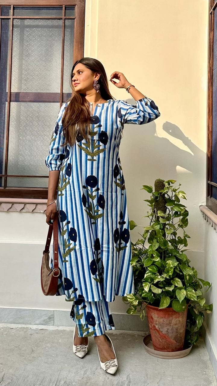Blue Striped Floral Printed Cotton Co-ord Set