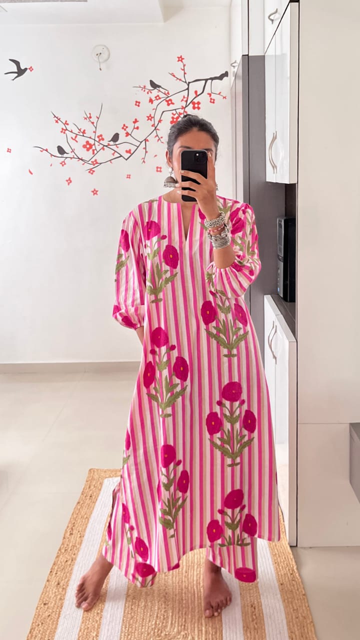 Pink Striped Floral Printed Cotton Co-ord Set