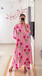 Pink Striped Floral Printed Cotton Co-ord Set