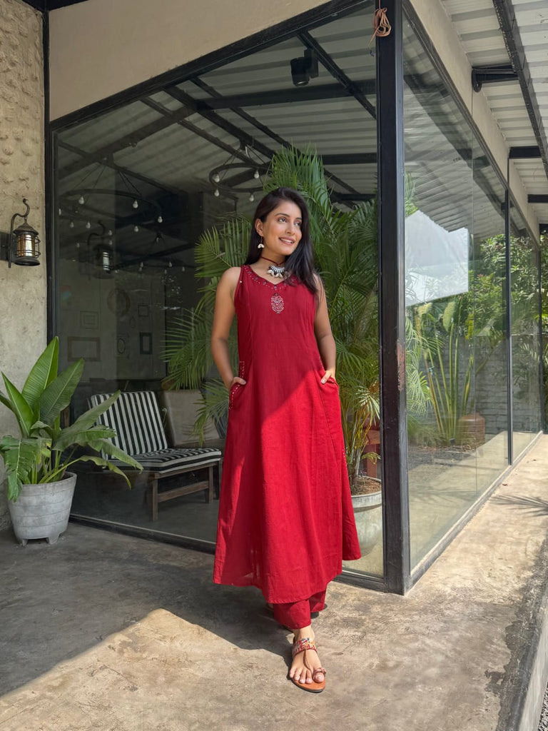 Red Hand Embroidered Slub Cotton Kurta Set