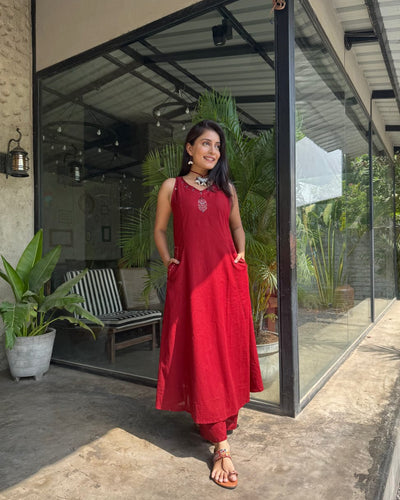 Red Hand Embroidered Slub Cotton Kurta Set