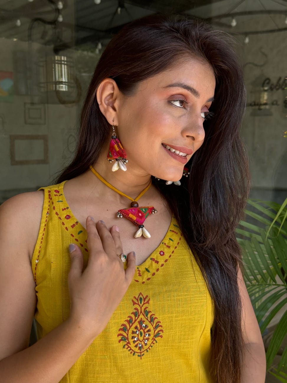 Yellow Hand Embroidered Slub Cotton Kurta Set