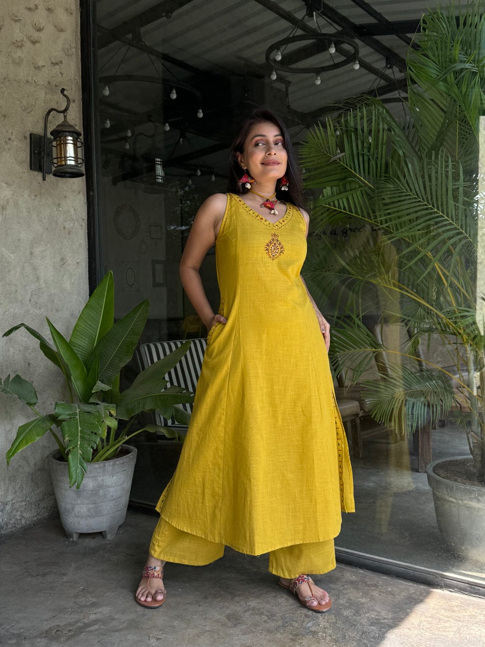Yellow Hand Embroidered Slub Cotton Kurta Set Secondary image