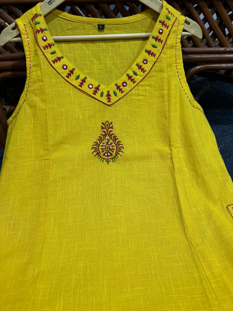 Yellow Hand Embroidered Slub Cotton Kurta Set