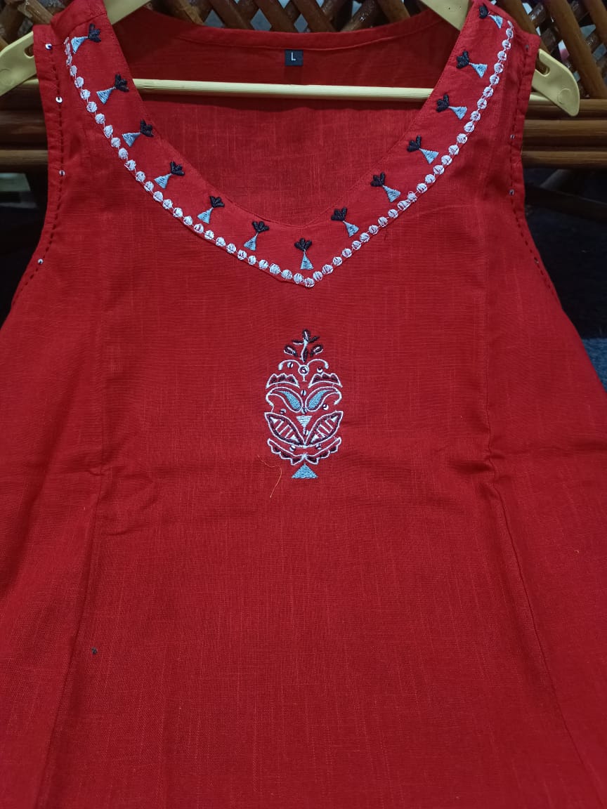 Red Hand Embroidered Slub Cotton Kurta Set
