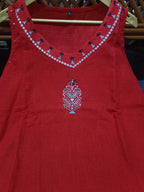 Red Hand Embroidered Slub Cotton Kurta Set