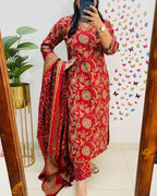 Red Handblock Floral Printed Cotton Suit Set