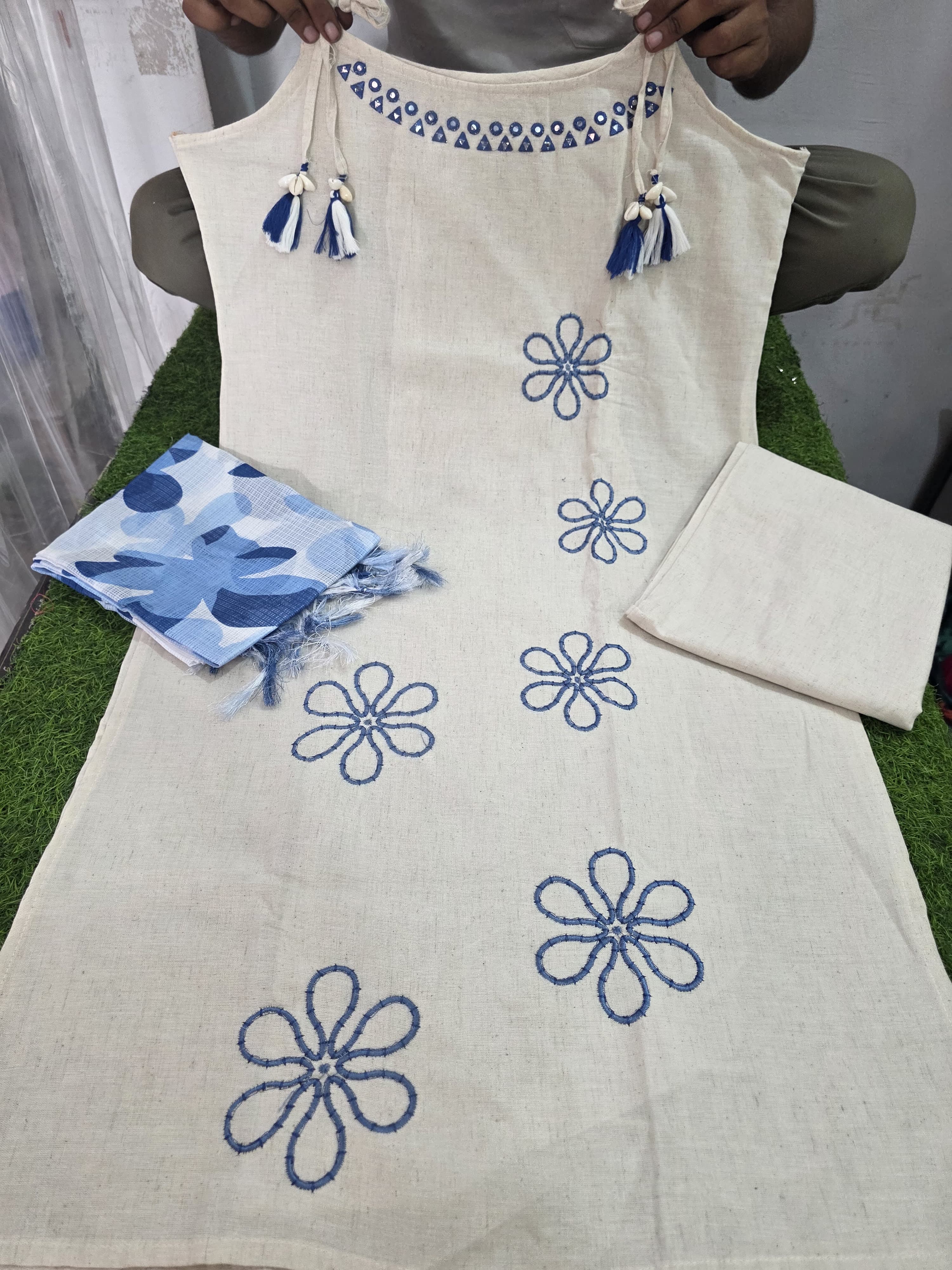 Ivory & Blue Floral Tassels Flex Cotton Suit Set