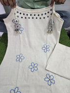 White Floral Embroidered Tassels Flex Cotton Kurta Set
