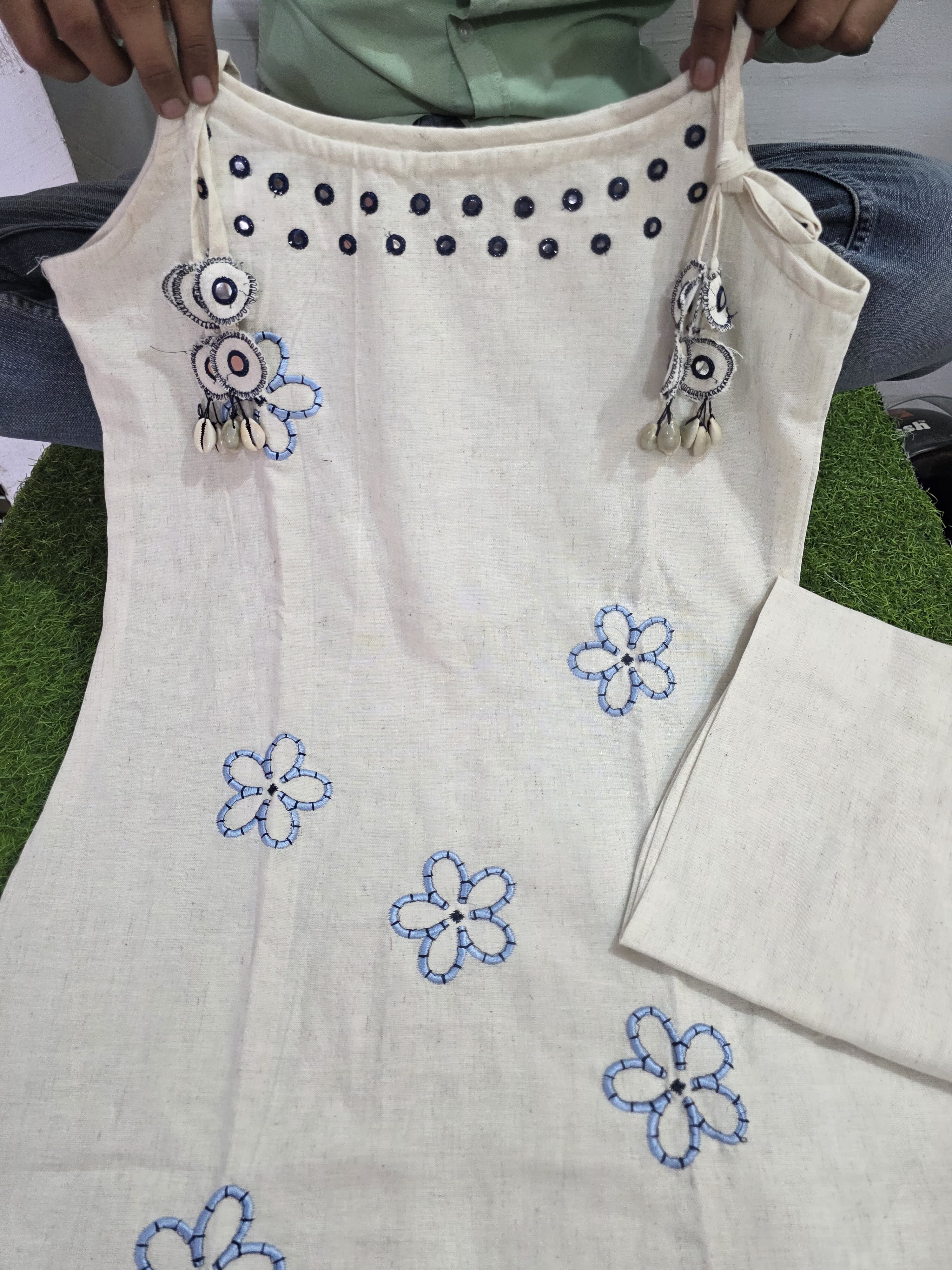 White Floral Embroidered Tassels Flex Cotton Kurta Set