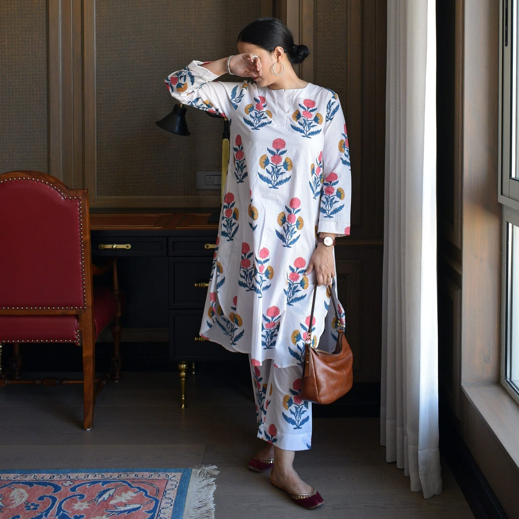 White Boota Hand Block Printed Cotton Co-ord Set