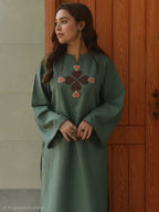 Taraash Pista Green & Brown Heart Embroidered Cotton Kurta Set