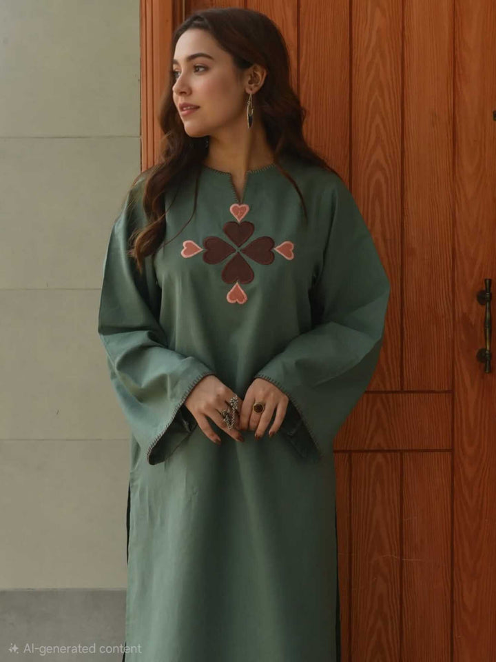 Taraash Pista Green & Brown Heart Embroidered Cotton Kurta Set
