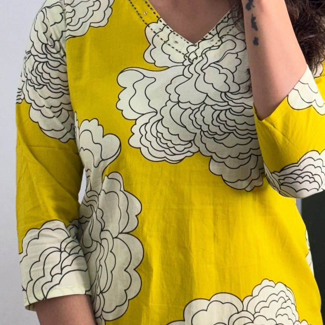 Mustard Yellow Floral Printed Embroidered Cotton Kurta Set Secondary image