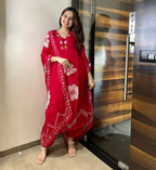 Red Floral Sequin Work Cotton Suit Set