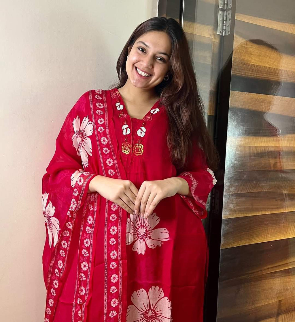 Red Floral Sequin Work Cotton Suit Set