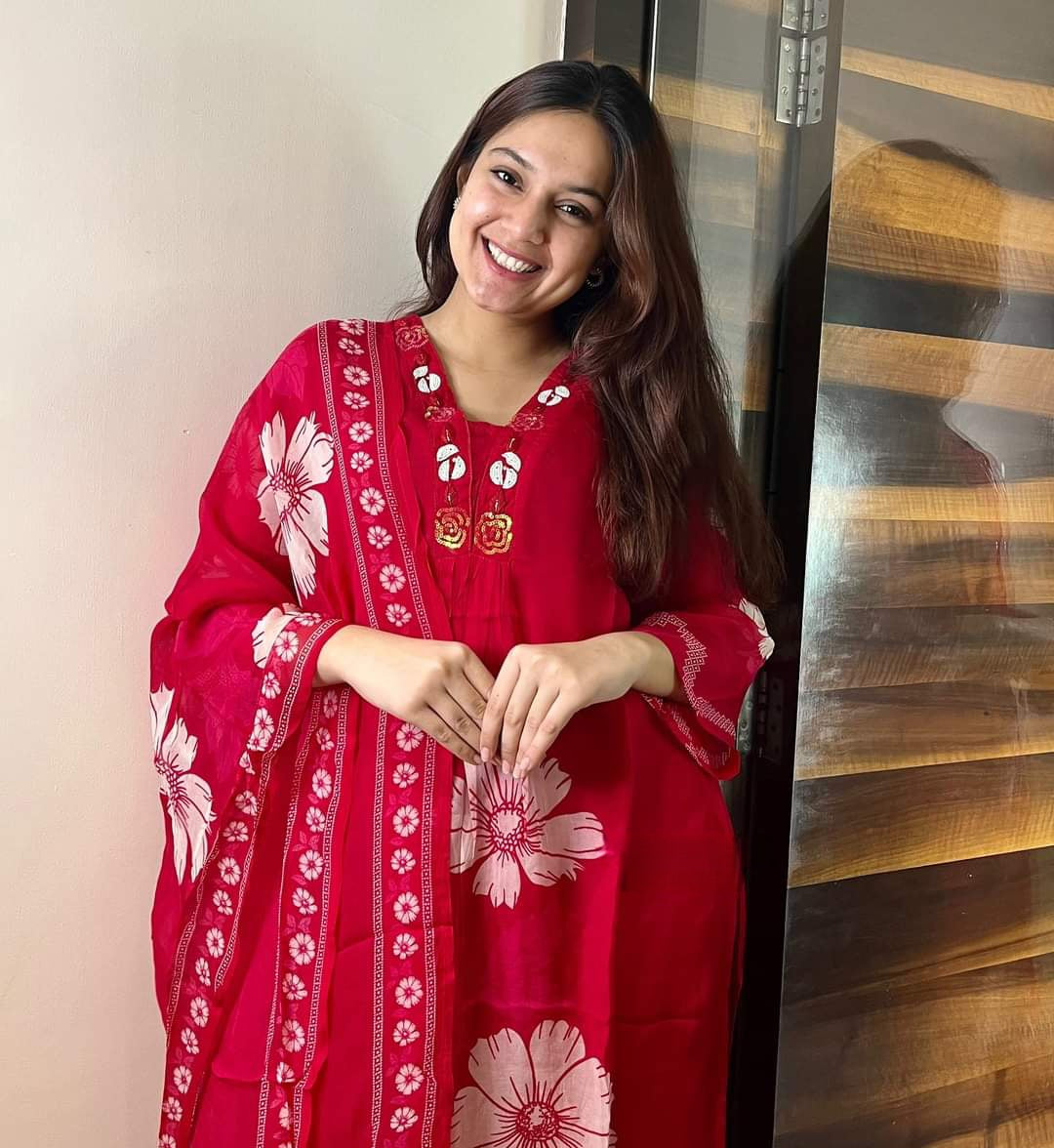 Red Floral Sequin Work Cotton Suit Set