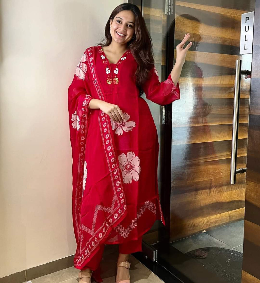 Red Floral Sequin Work Cotton Suit Set