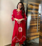 Red Floral Sequin Work Cotton Suit Set